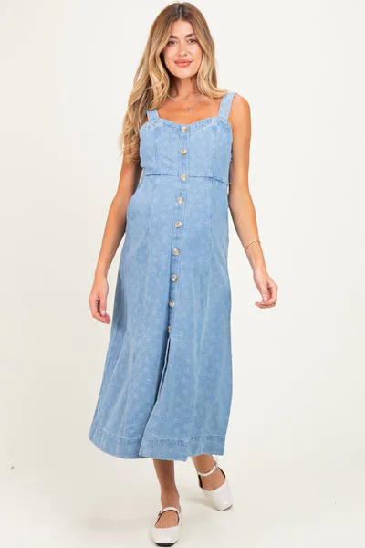 PinkBlush Light Denim Floral Button Down Maternity Midi Dress