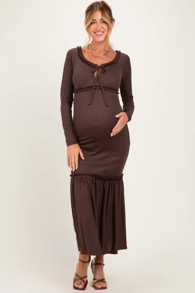 PinkBlush Brown Ribbed Long Sleeve Ruffle Trim Off Shoulder Maternity Maxi Dress