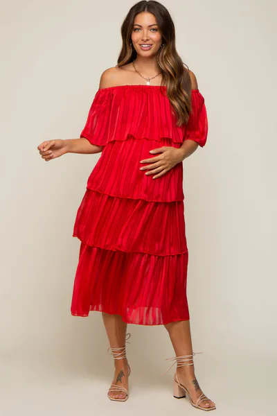 PinkBlush Red Striped Layered Maternity Midi Dress