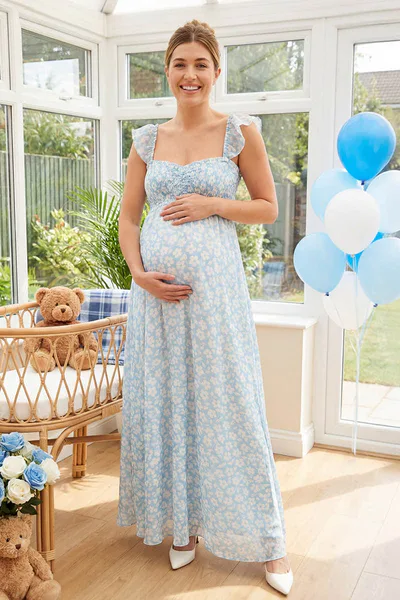 Summer Mae Summer Mae Floral Chiffon Maternity Maxi Dress | Smocked Bodice Ruffle Sleeve Bump Friendly Baby Shower Gown