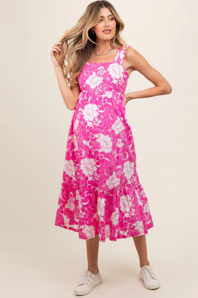PinkBlush Fuchsia Floral Tiered Sleeveless Maternity Midi Dress