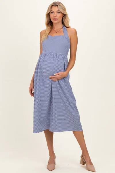 PinkBlush Navy Gingham Halter Neck Maternity Midi Dress