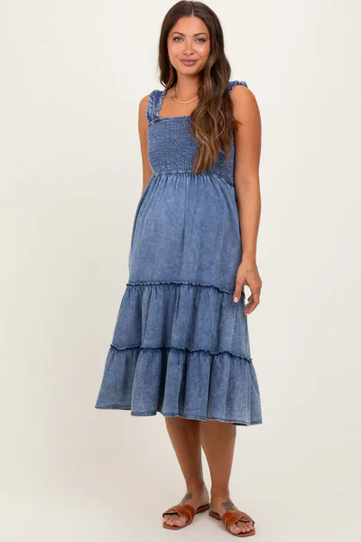 PinkBlush Blue Chambray Smocked Ruffle Tiered Maternity Midi Dress