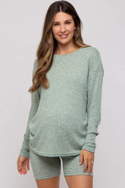 PinkBlush Green Ribbed Long Sleeve Maternity Shorts Set