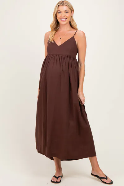 PinkBlush Brown Linen Blend Sleeveless Maternity Maxi Dress