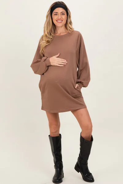 PinkBlush Mocha Bubble Sleeve Maternity Sweatshirt Mini Dress