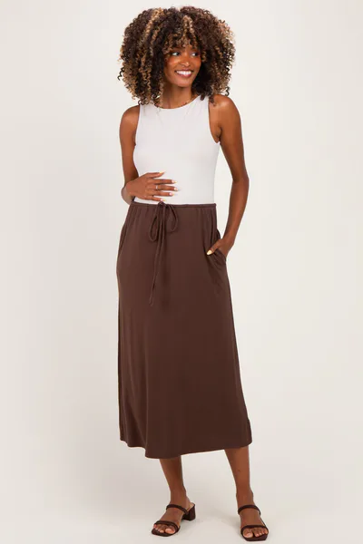 PinkBlush Chocolate Front Tie Maternity Maxi Skirt