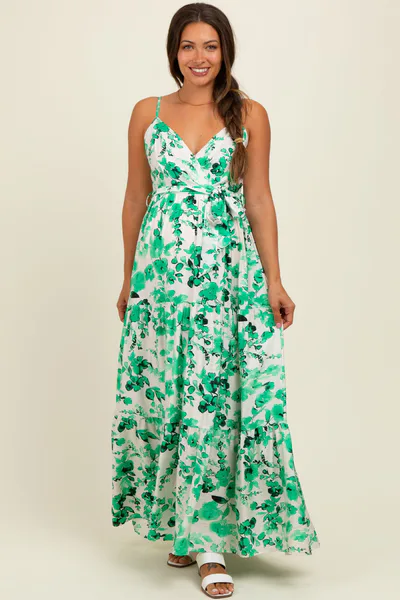 PinkBlush Green Floral Tiered Sleeveless Sash Tie Maternity Maxi Dress