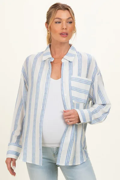 PinkBlush Blue Striped Long Sleeve Maternity Button Down Shirt