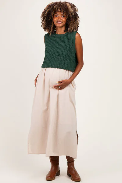 PinkBlush Forest Green/ Taupe Sleeveless Sweater Top Colorblock Maternity Midi Dress