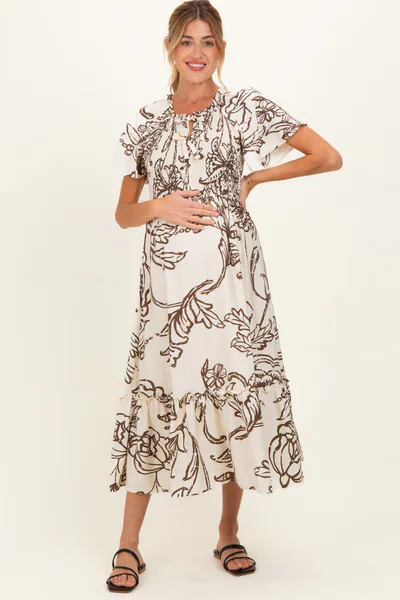 PinkBlush Taupe Floral Smocked Front Tie Maternity Midi Dress