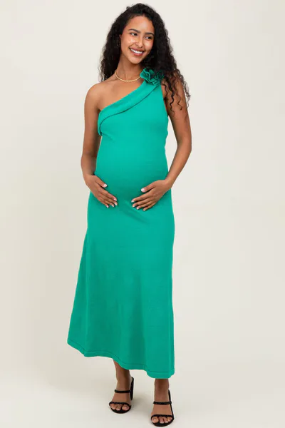 PinkBlush Green One Shoulder Knit Sleeveless Maternity Maxi Dress