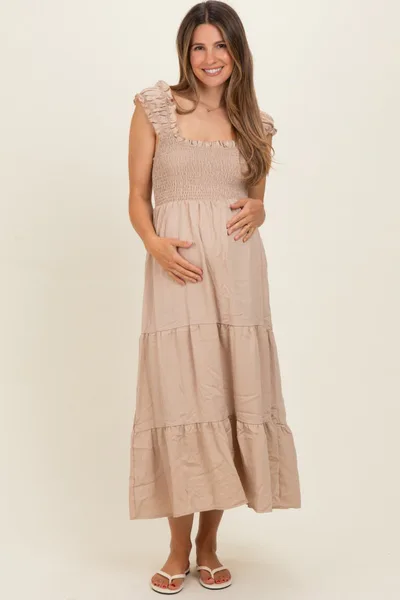 PinkBlush Natural Smocked Tiered Ruffle Detail Maternity Dress