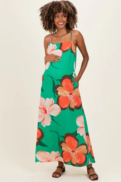 PinkBlush Green Floral Print Sleeveless Maternity Maxi Dress