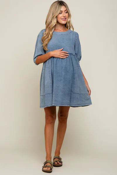 PinkBlush Blue Faded Denim Chambray Maternity Mini Dress
