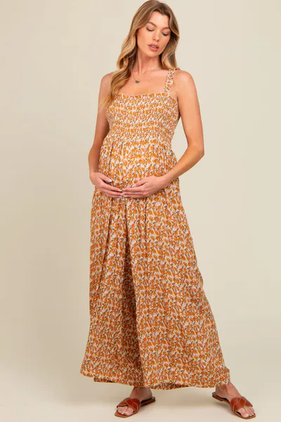 PinkBlush Yellow Printed Smocked Wide Leg Maternity Jumpsuit
