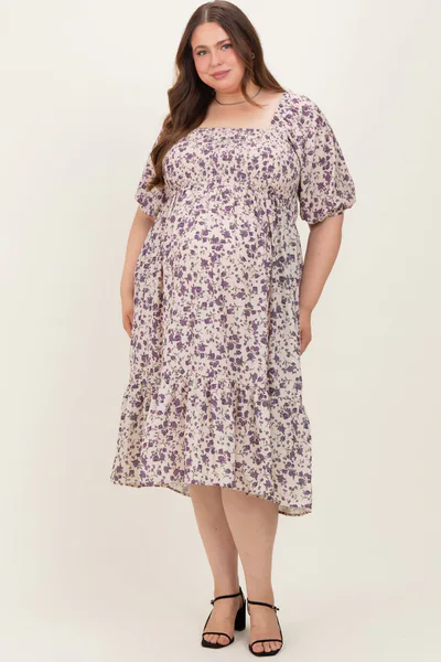 PinkBlush Cream Floral Smocked Maternity Plus Midi Dress