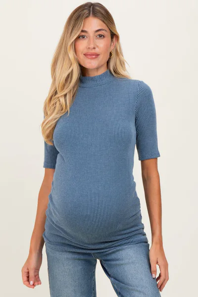 PinkBlush Denim Blue Soft Brushed Knit Mock Neck Maternity Top