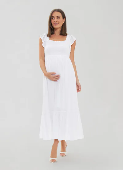 Ingrid & Isabel Ripe Maternity White Tiered Eyelet Maternity Midi Dress