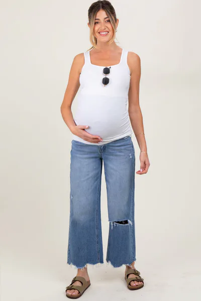 PinkBlush Blue Distressed Fringe Open Knee Cropped Wide Leg Maternity Jeans