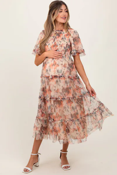PinkBlush Peach Floral Mesh Smocked Maternity Midi Dress