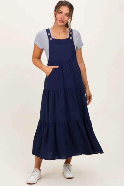PinkBlush Navy Blue Button Sling Tiered Maternity Midi Dress