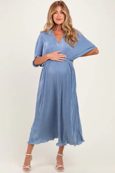 PinkBlush Deep Blue Pleated Satin Dolman Sleeve Maternity Maxi Dress