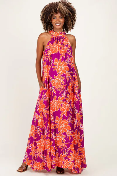 PinkBlush Plum Floral Halter Maternity Maxi Dress