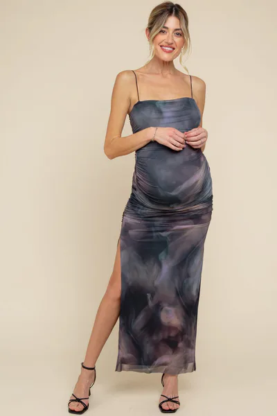 PinkBlush Charcoal Printed Mesh Ruched Sleeveless Maternity Maxi Dress