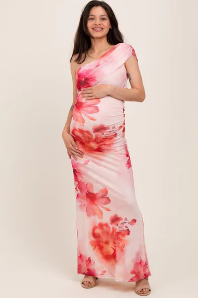 PinkBlush Light Pink Floral One Shoulder Ruched Maternity Maxi Dress