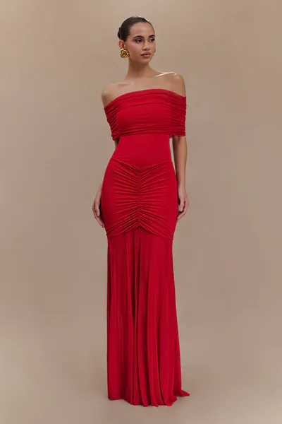 MESHKI Caspian Slinky And Mesh Off Shoulder Maxi Dress - Ruby