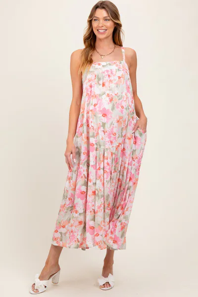 PinkBlush Olive/Fuchsia Tropical Floral Tiered Maternity Maxi Dress