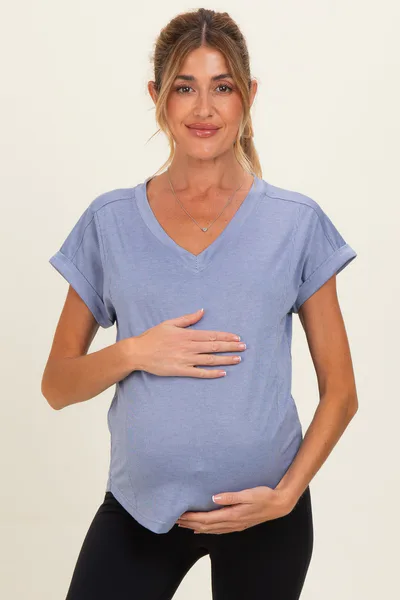 PinkBlush Blue Ribbed V-Neck Short Sleeve Maternity Top