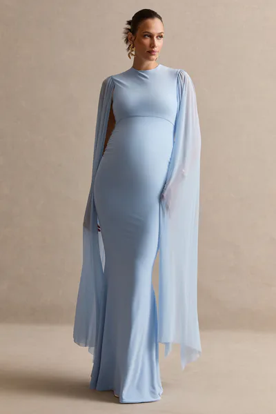 Club L London Calitheia | Light Blue Round-Neck Maternity Maxi Dress With Long Floaty Mesh Sleeves
