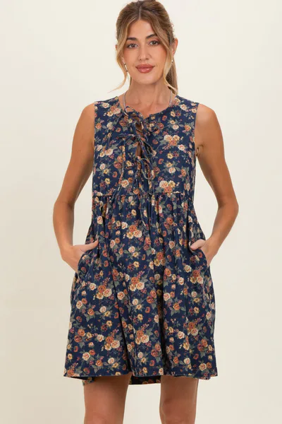 PinkBlush Dark Denim Floral Tie Front Maternity Mini Dress