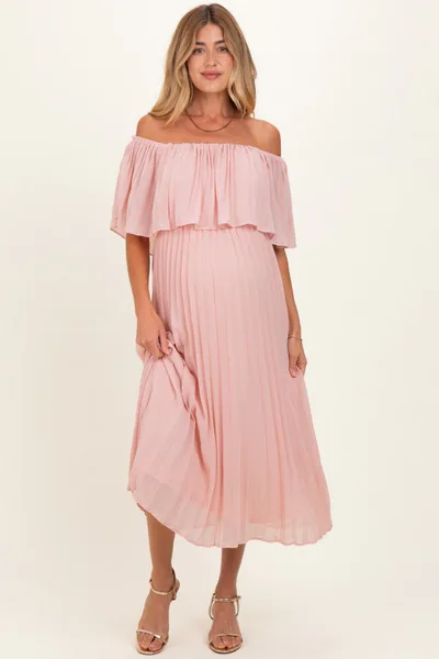 PinkBlush Pink Pleated Off Shoulder Flounce Maternity Midi Dress