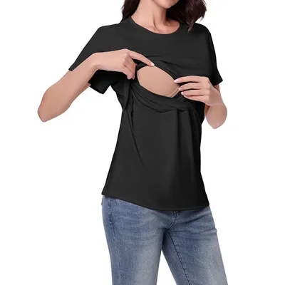 Target Garvee Women's Double Layer Short Sleeve Maternity Nursing Tops, Breathable Breastfeeding Shirts for Postpartum Daily Wear Black L