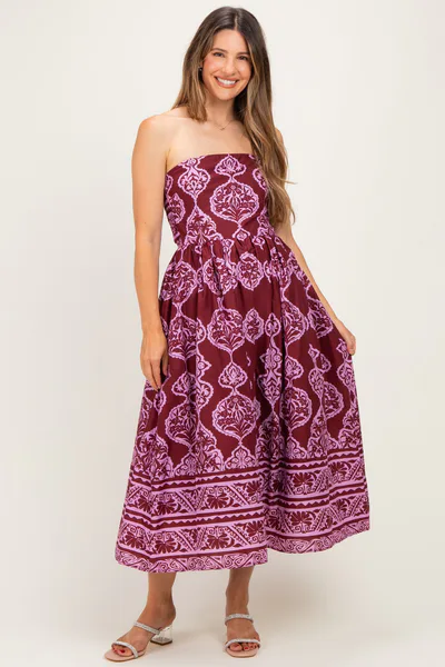 PinkBlush Burgundy Damask Strapless Maternity Midi Dress