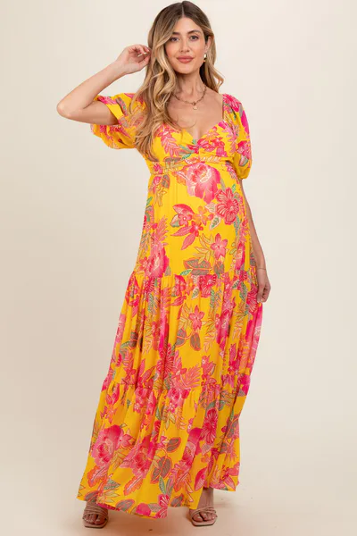 PinkBlush Yellow Floral Sweetheart Neck Tiered Maternity Maxi Dress