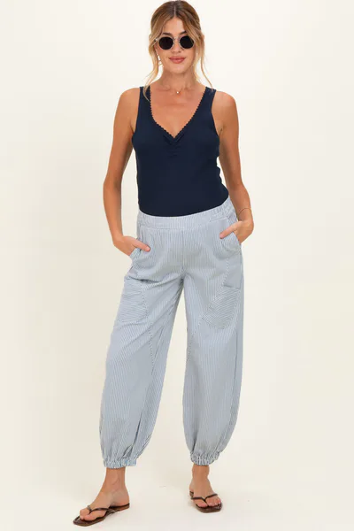 PinkBlush Blue Striped Patch Pocket Maternity Pants