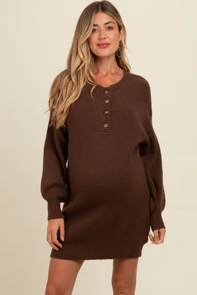 PinkBlush Brown Half Button Up Maternity Mini Sweater Dress