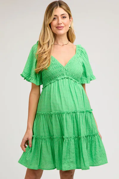 PinkBlush Green Smocked V-Neck Ruffle Short Sleeve Tiered Maternity Dress