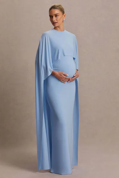 Club L London Padma | Powder Blue Draped Maternity Maxi Dress With Cape Sleeves