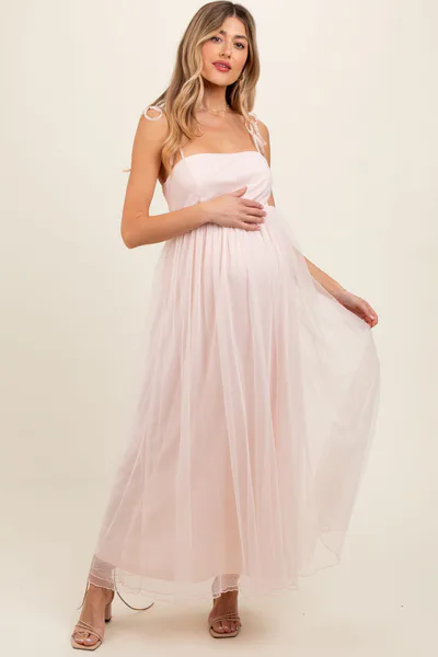 PinkBlush Light Pink Square Neck Shoulder Tie Tulle Maternity Maxi Dress