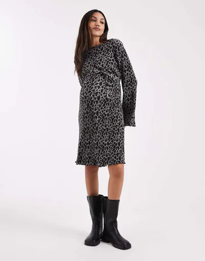 ASOS Mamalicious Maternity plisse belted mini dress in gray leopard print