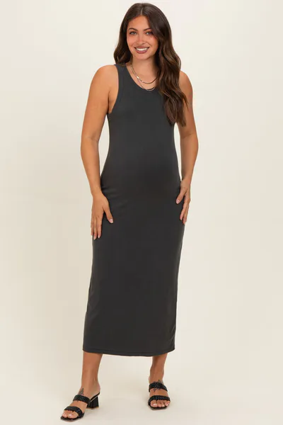 PinkBlush Charcoal Ribbed Maternity Midi Tank Dress
