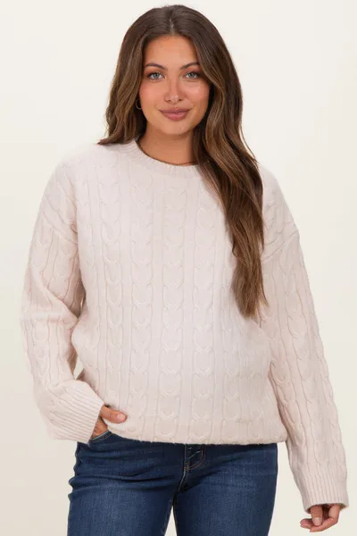 PinkBlush Beige Braid Knit Pattern Soft Fluffy Maternity Sweater Top