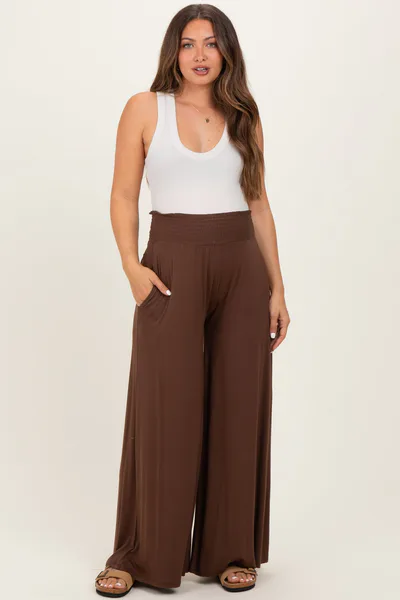 PinkBlush Brown Smocked Waist Wide Leg Maternity Pants