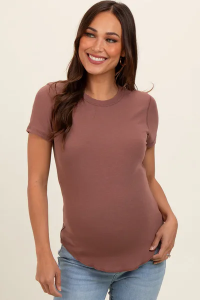 PinkBlush Mauve Ribbed Short Sleeve Curved Hem Maternity Top