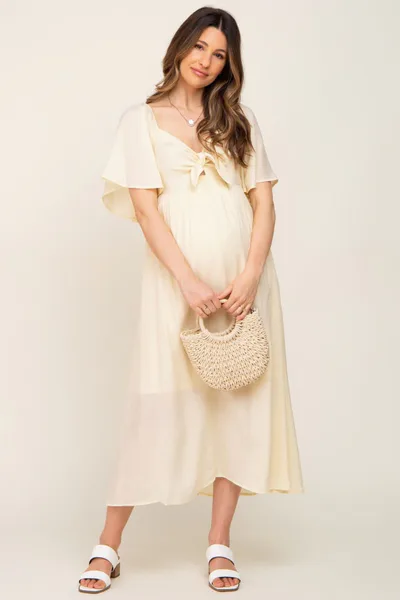 PinkBlush Cream Front Tie Ruffle Sleeve Maternity Midi Dress